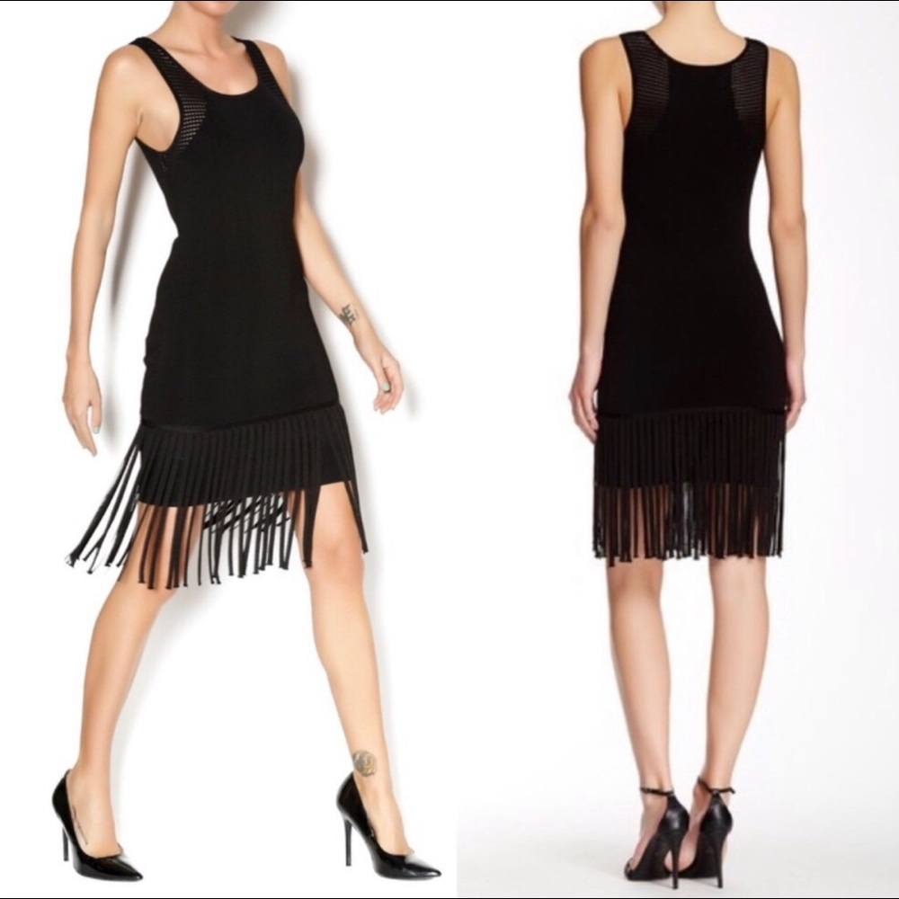 Shoshanna Bodycon Bondage Knit Fringe Dress